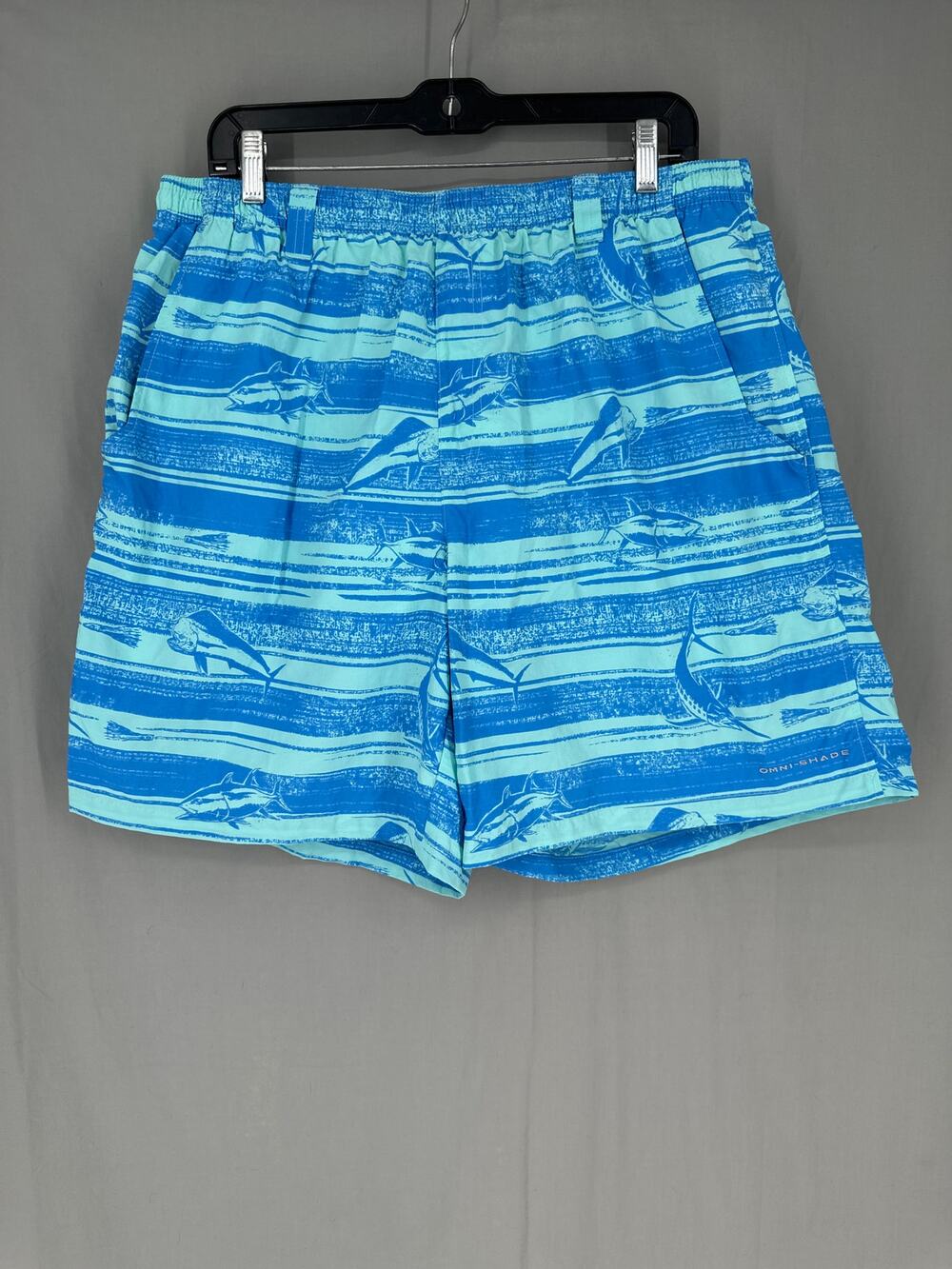 Columbia PFG Swim Trunks Men XL Blue Fish Print Omni Shade Mesh Lined Drawstring